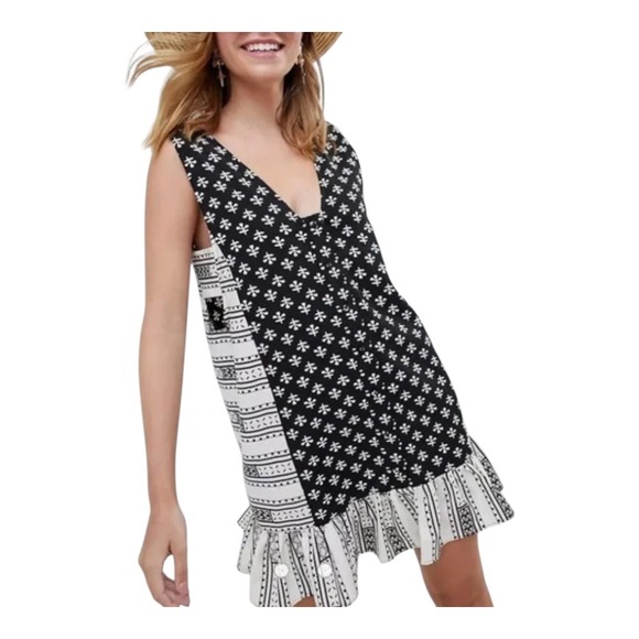 ASOS Mini Dress Black White Print Sleeveless Ruffle Hem Side Cutout Women Size 6 - Picture 1 of 14